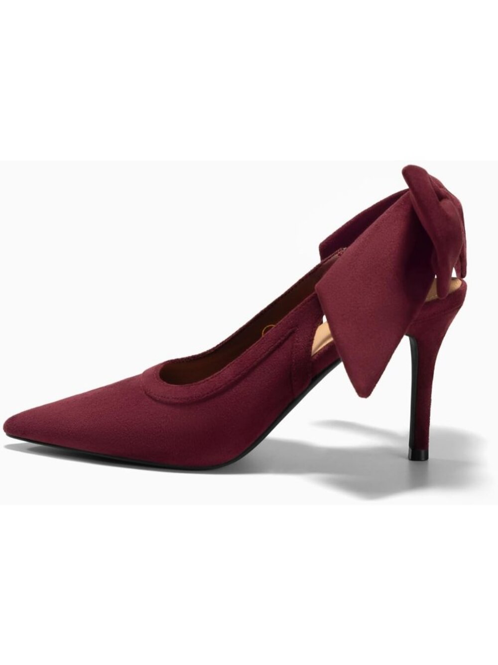 Women Suede Wine Red Slingback Bow Closed Pointed Toe Lace Patchwork High Heels - Picture 4 of 6